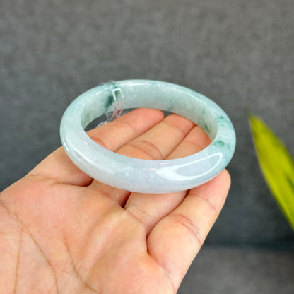 Natural Floating Floral Moss Green Semi Translucent Jadeite Jade VIP Bangle Leaf Style Size 54.8 mm