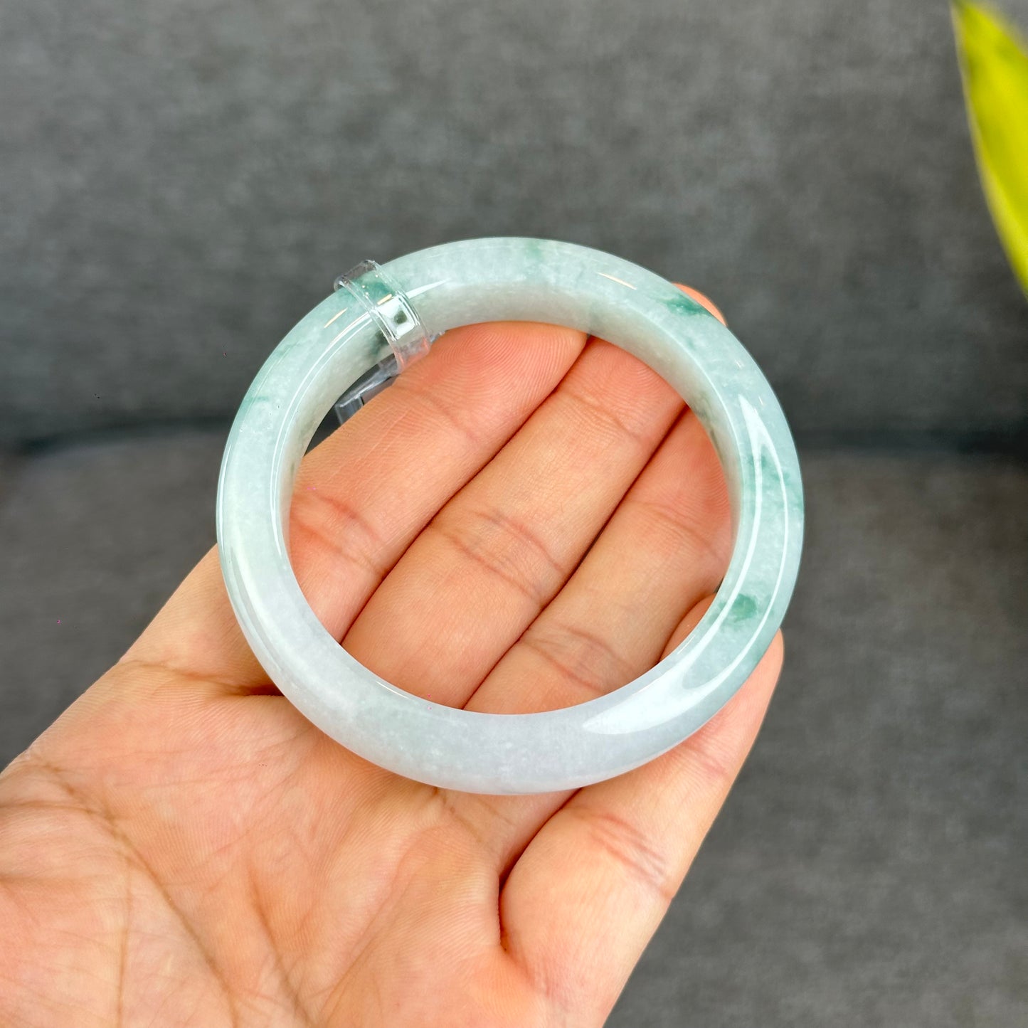 Natural Floating Floral Moss Green Semi Translucent Jadeite Jade VIP Bangle Leaf Style Size 54.8 mm