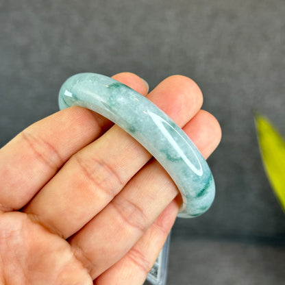 Natural Floating Floral Moss Green Semi Translucent Jadeite Jade VIP Bangle Leaf Style Size 54.8 mm