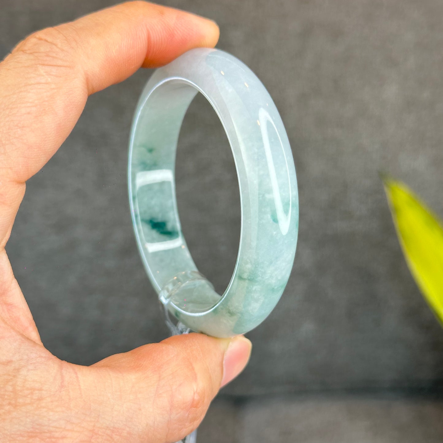 Natural Floating Floral Moss Green Semi Translucent Jadeite Jade VIP Bangle Leaf Style Size 54.8 mm