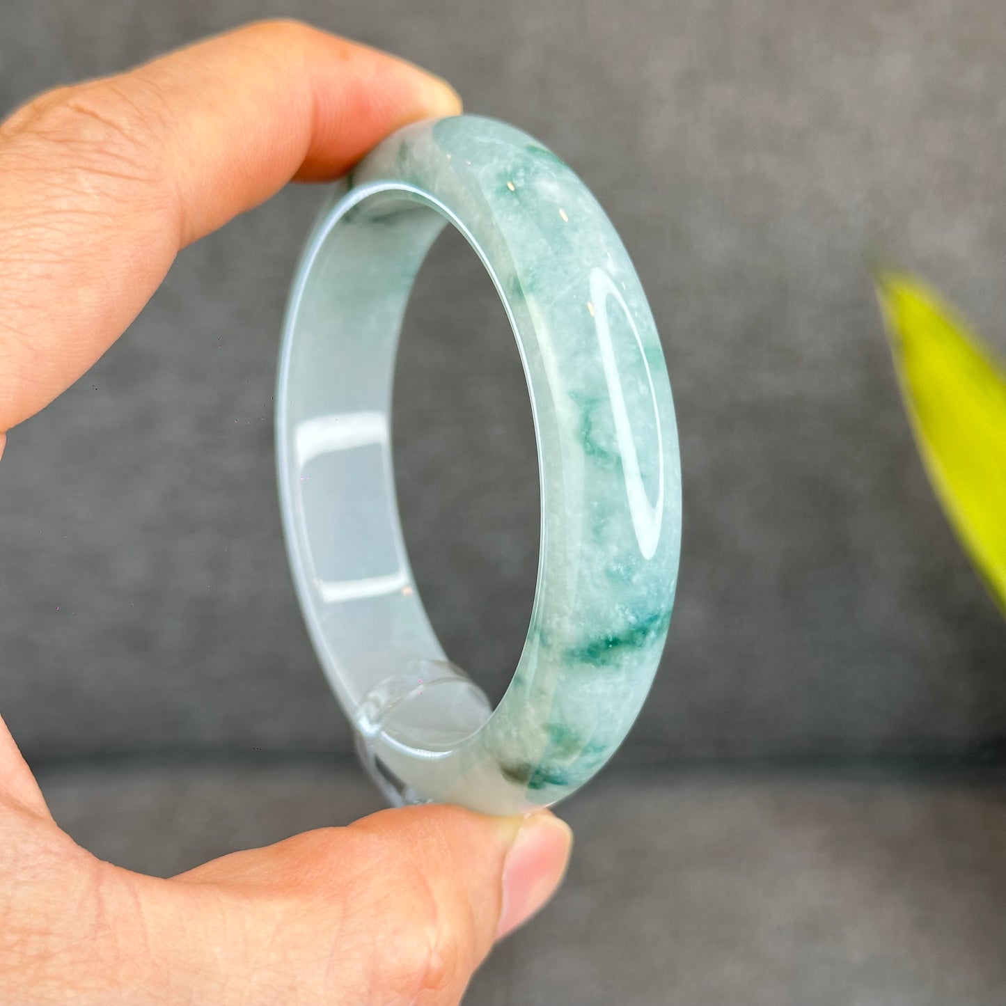 Natural Floating Floral Moss Green Semi Translucent Jadeite Jade VIP Bangle Leaf Style Size 54.8 mm