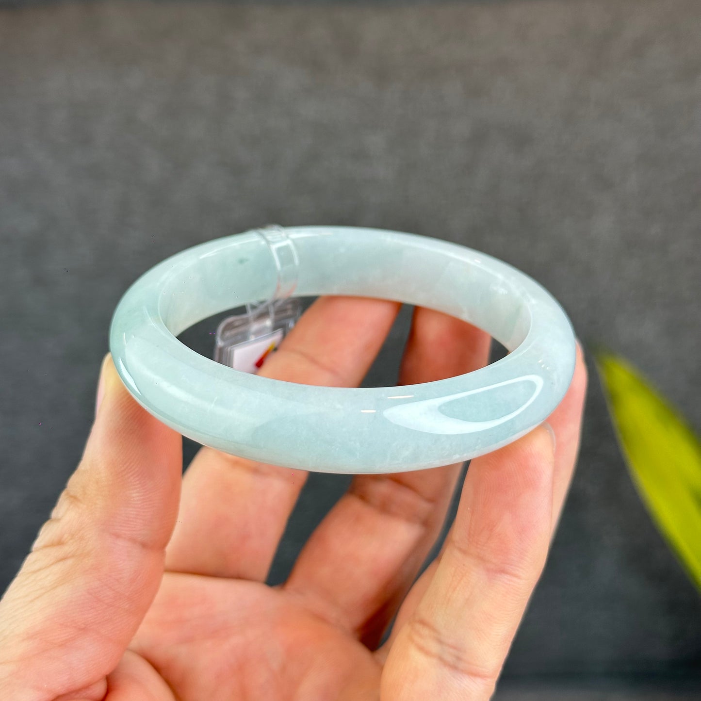 Natural Light Green Semi Translucent Jadeite Jade Bangle Leaf Style Size 58.5 mm