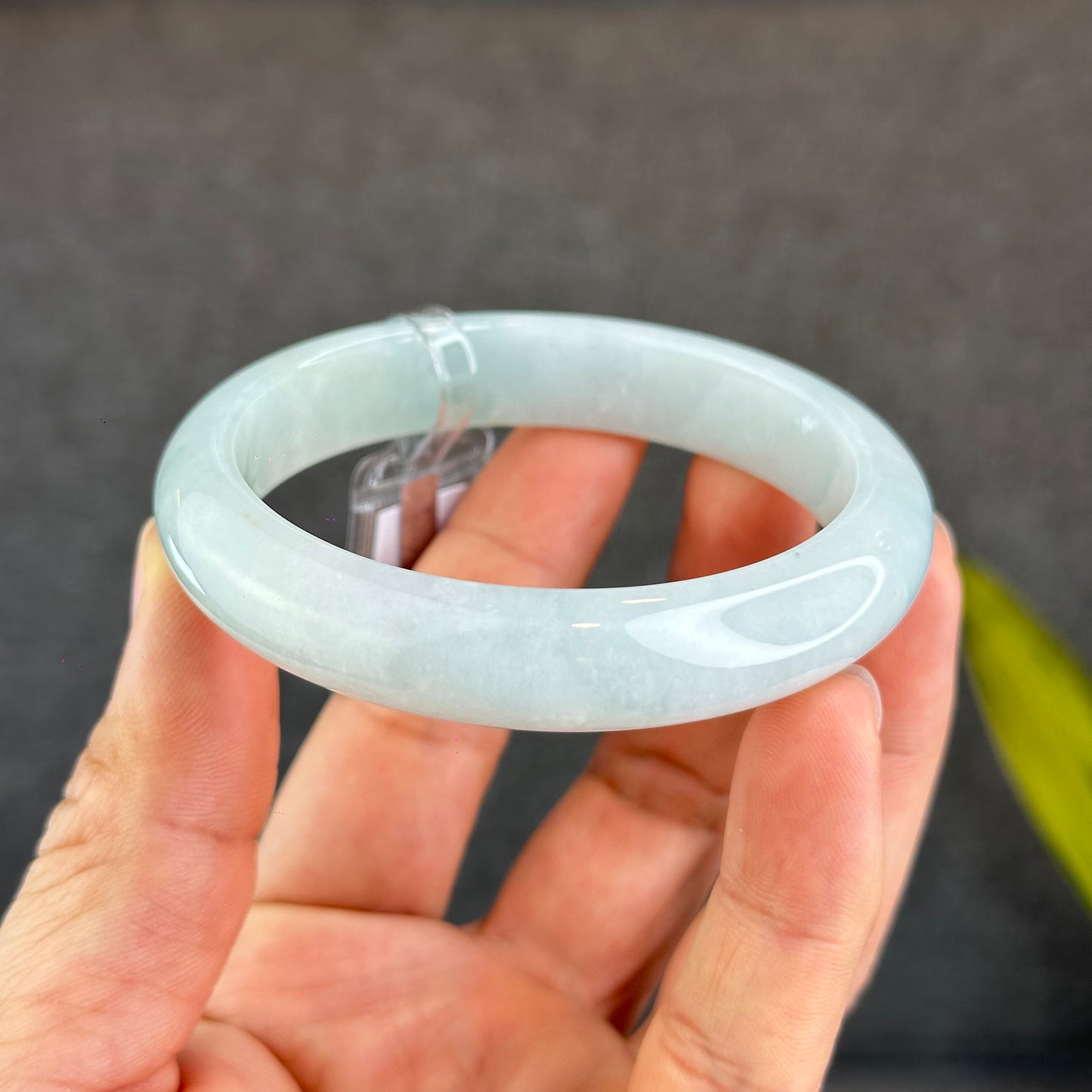 Natural Light Green Semi Translucent Jadeite Jade Bangle Leaf Style Size 58.5 mm