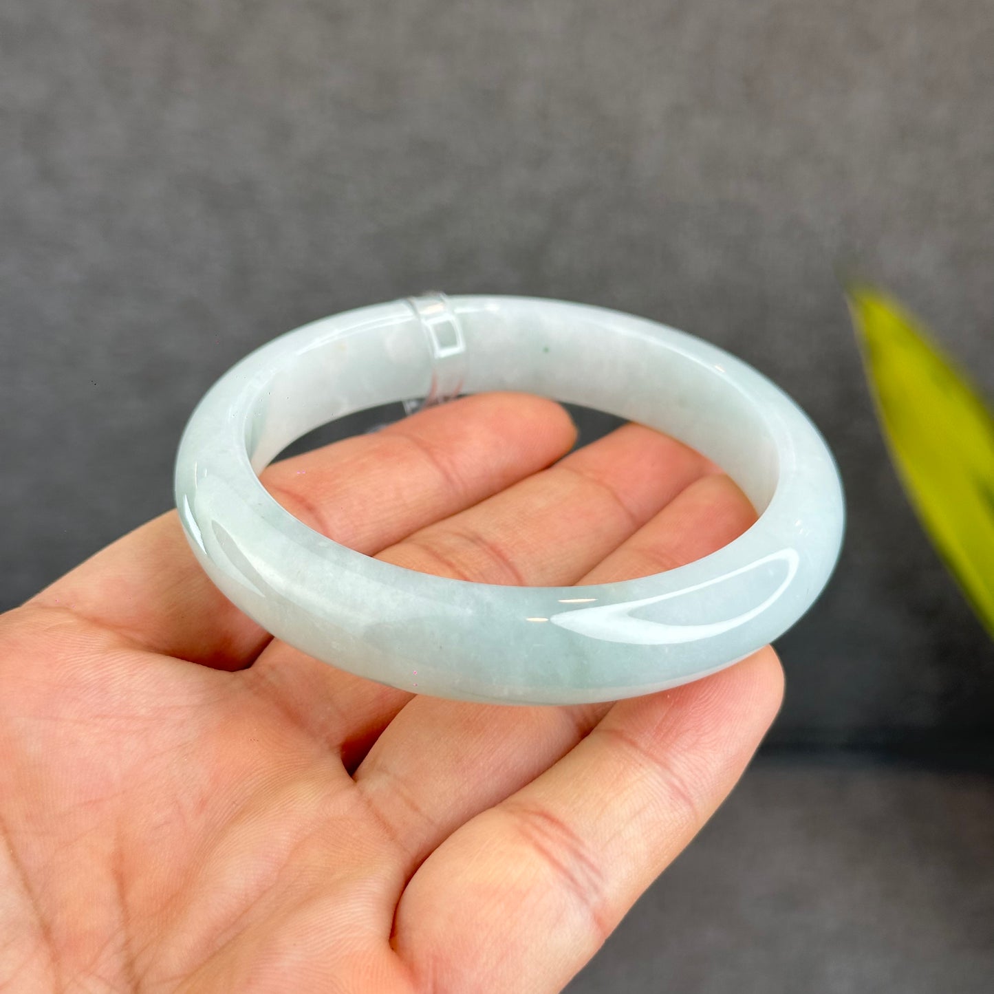 Natural Light Green Semi Translucent Jadeite Jade Bangle Leaf Style Size 58.5 mm