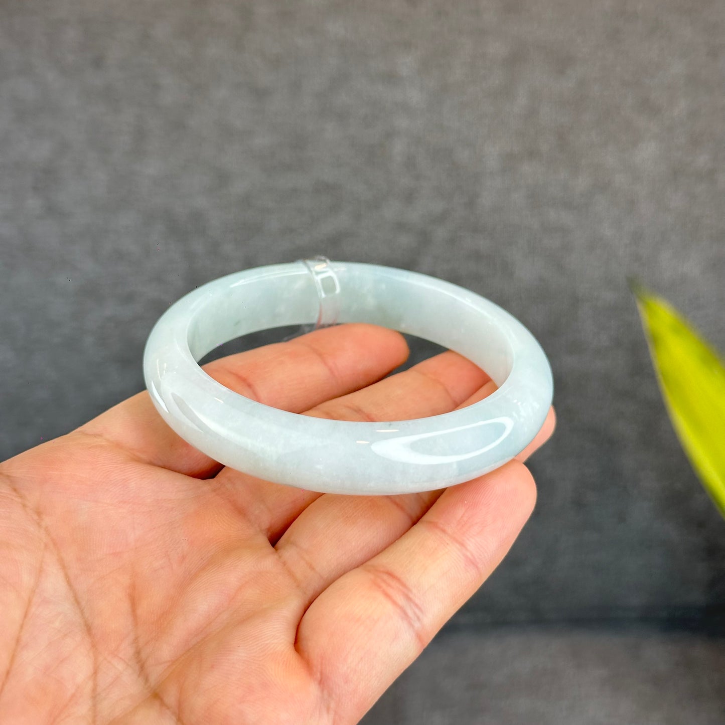 Natural Light Green Semi Translucent Jadeite Jade Bangle Leaf Style Size 58.5 mm