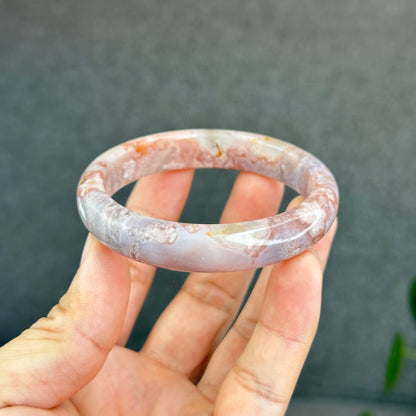 Natural Floral Agate with Pink Amethyst Bangle Leaf Style Size 56.5 mm