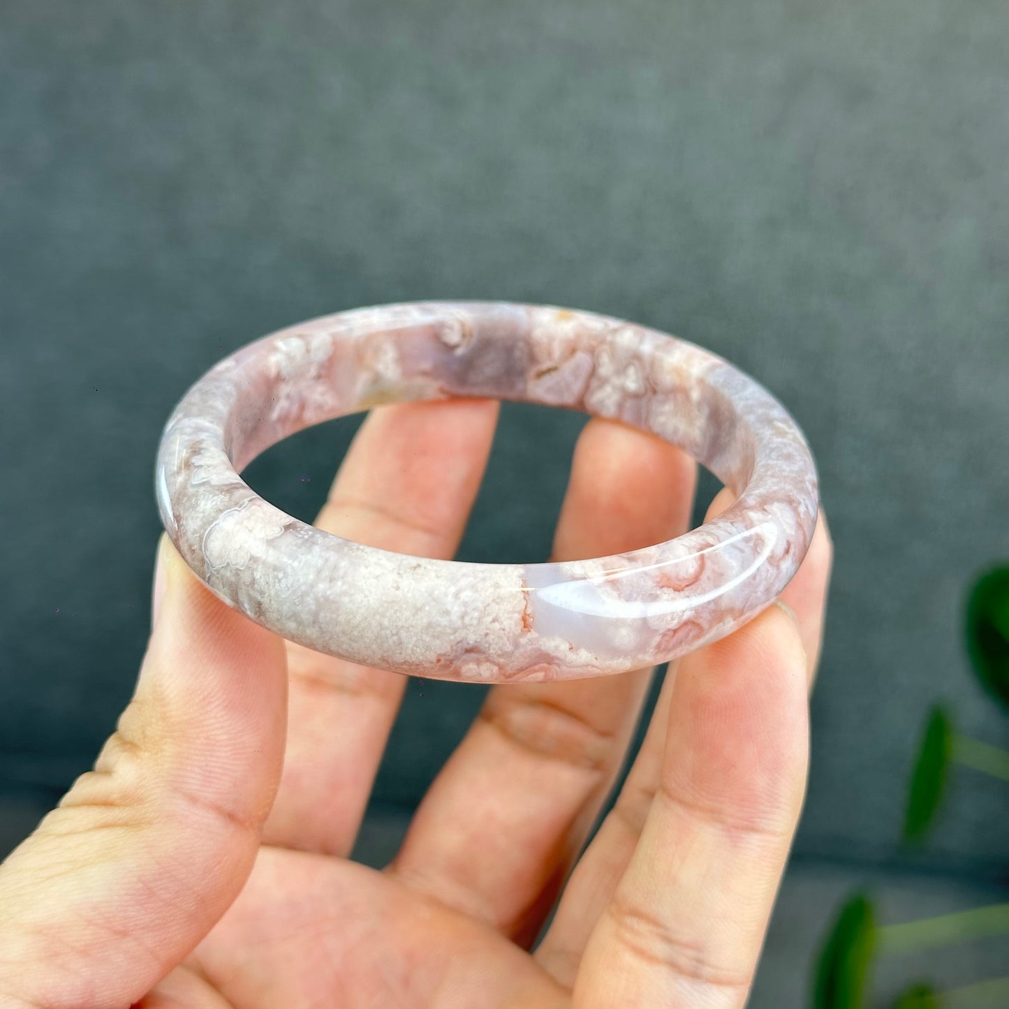 Natural Floral Agate with Pink Amethyst Bangle Leaf Style Size 56.5 mm