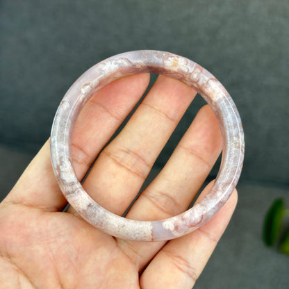 Natural Floral Agate with Pink Amethyst Bangle Leaf Style Size 56.5 mm