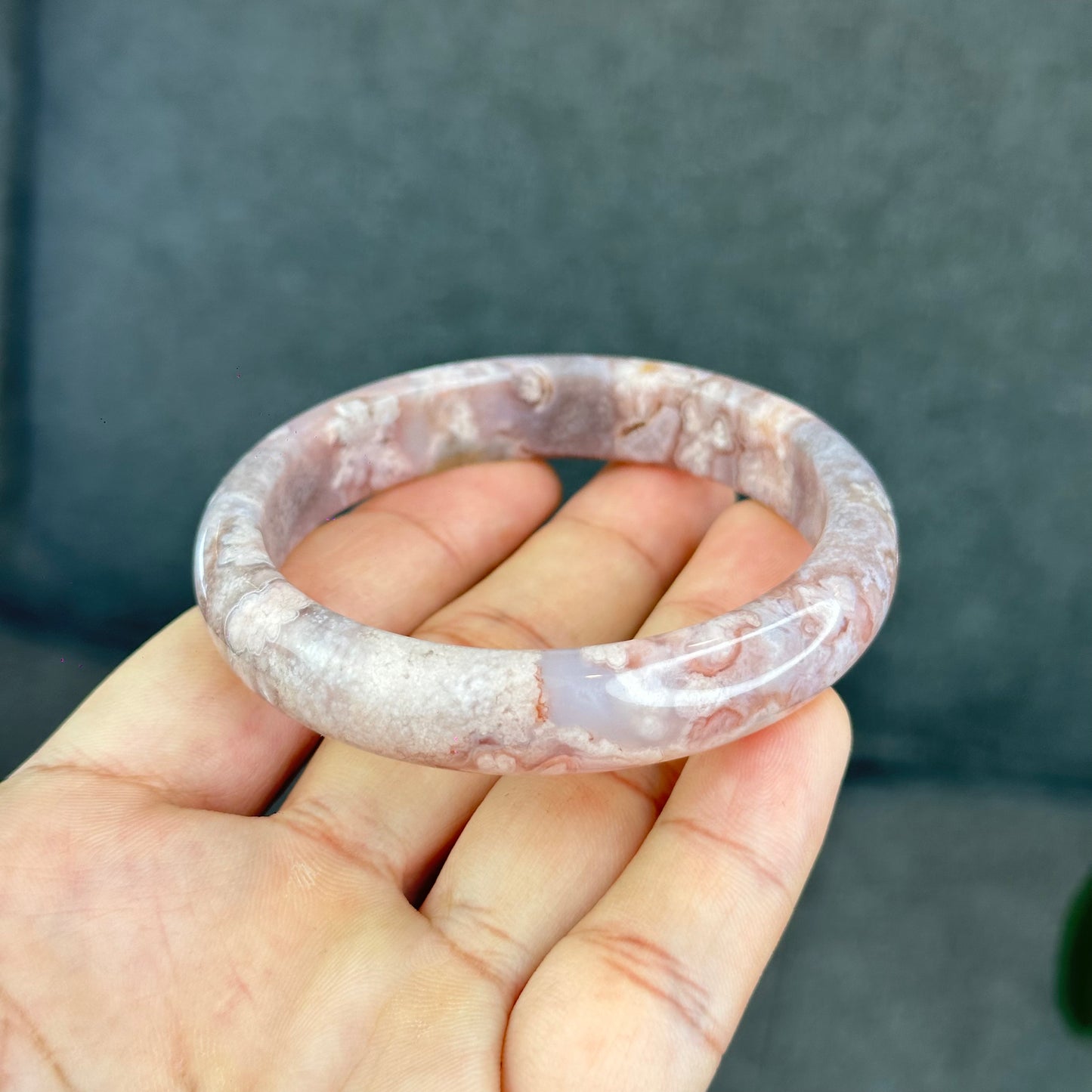 Natural Floral Agate with Pink Amethyst Bangle Leaf Style Size 56.5 mm