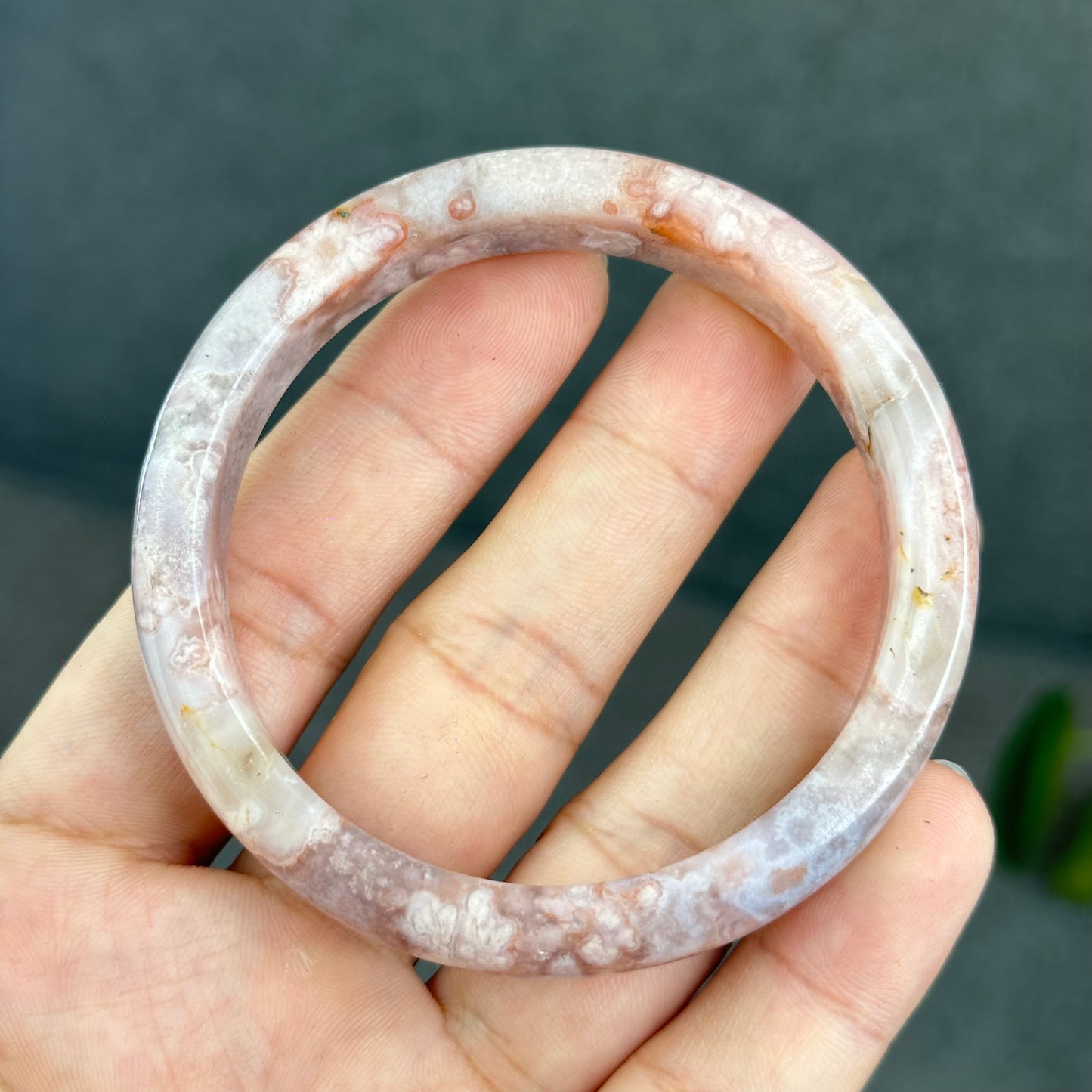 Natural Floral Agate with Pink Amethyst Bangle Leaf Style Size 56.5 mm