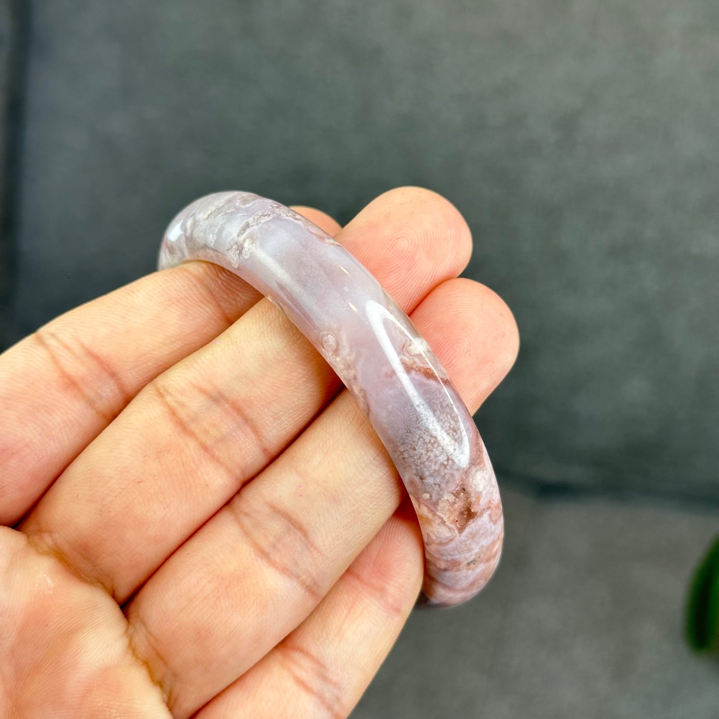 Natural Floral Agate with Pink Amethyst Bangle Leaf Style Size 56.5 mm