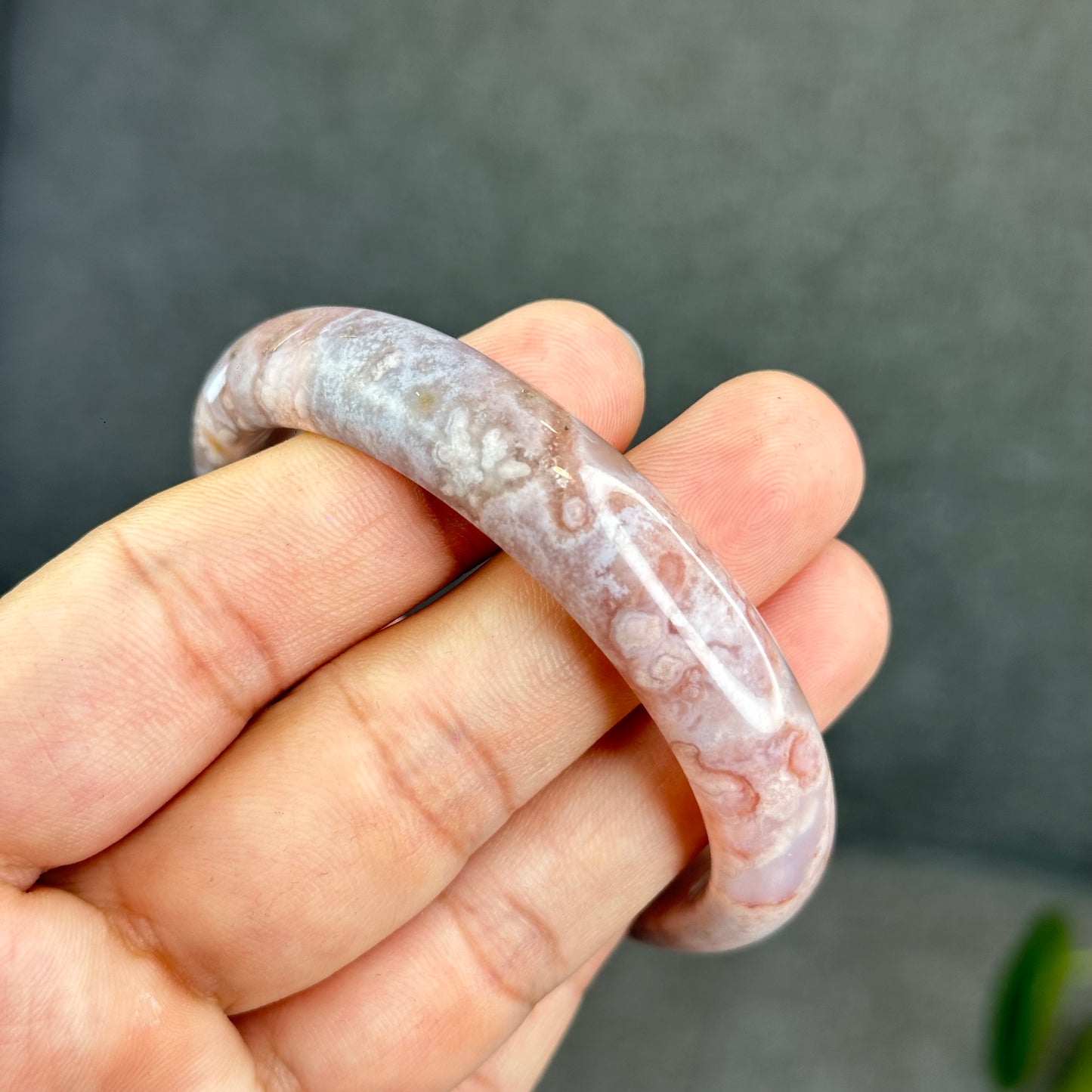 Natural Floral Agate with Pink Amethyst Bangle Leaf Style Size 56.5 mm