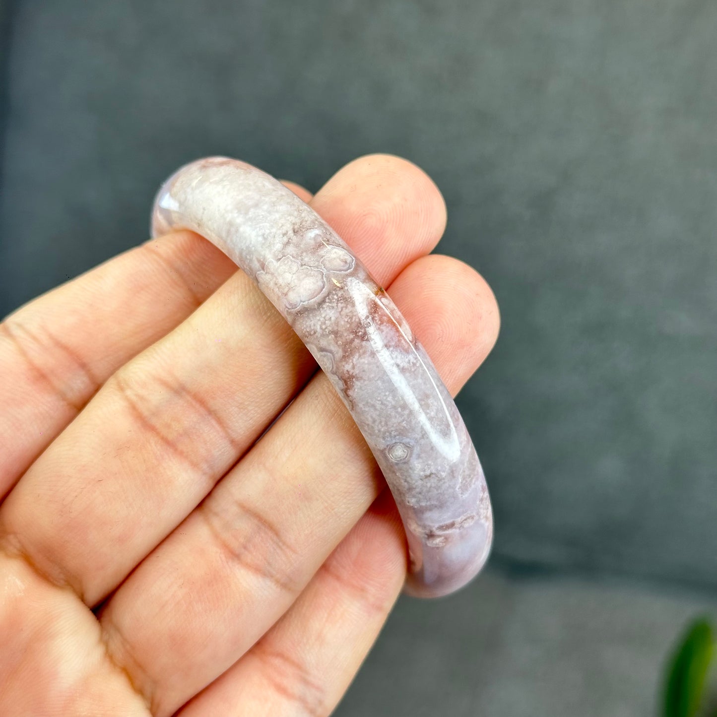 Natural Floral Agate with Pink Amethyst Bangle Leaf Style Size 56.5 mm