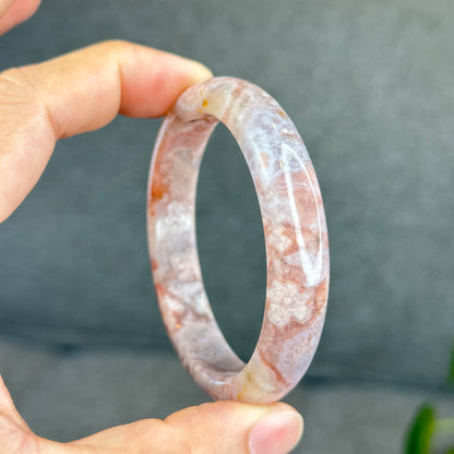Natural Floral Agate with Pink Amethyst Bangle Leaf Style Size 56.5 mm