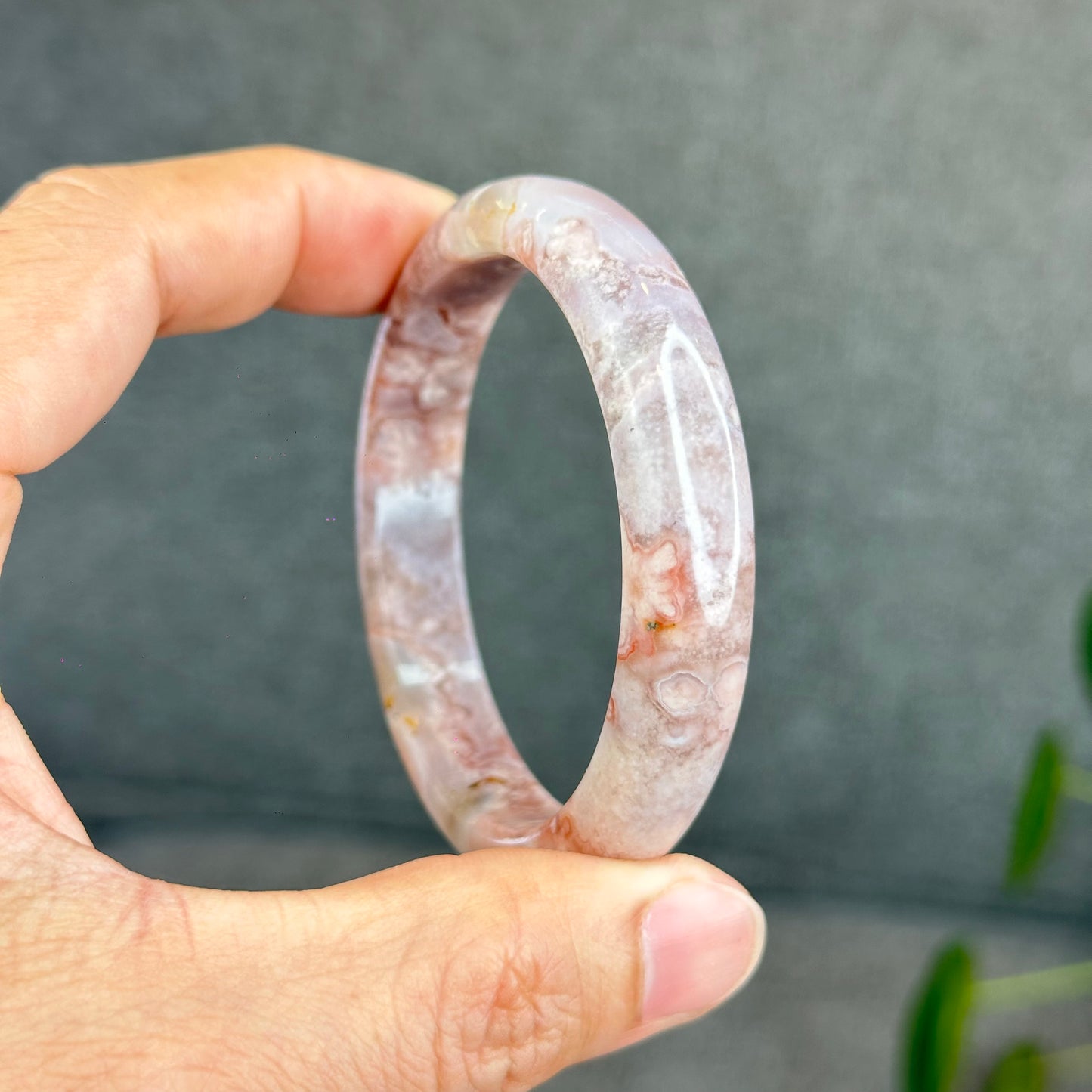Natural Floral Agate with Pink Amethyst Bangle Leaf Style Size 56.5 mm