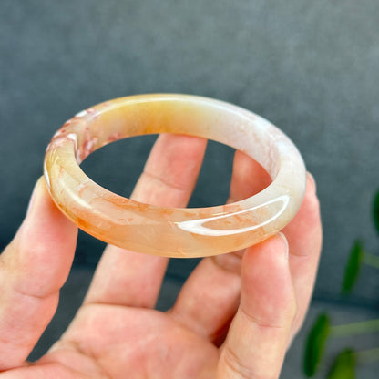 Natural Translucent Floral Agate Bangle Leaf Style Size 55 mm