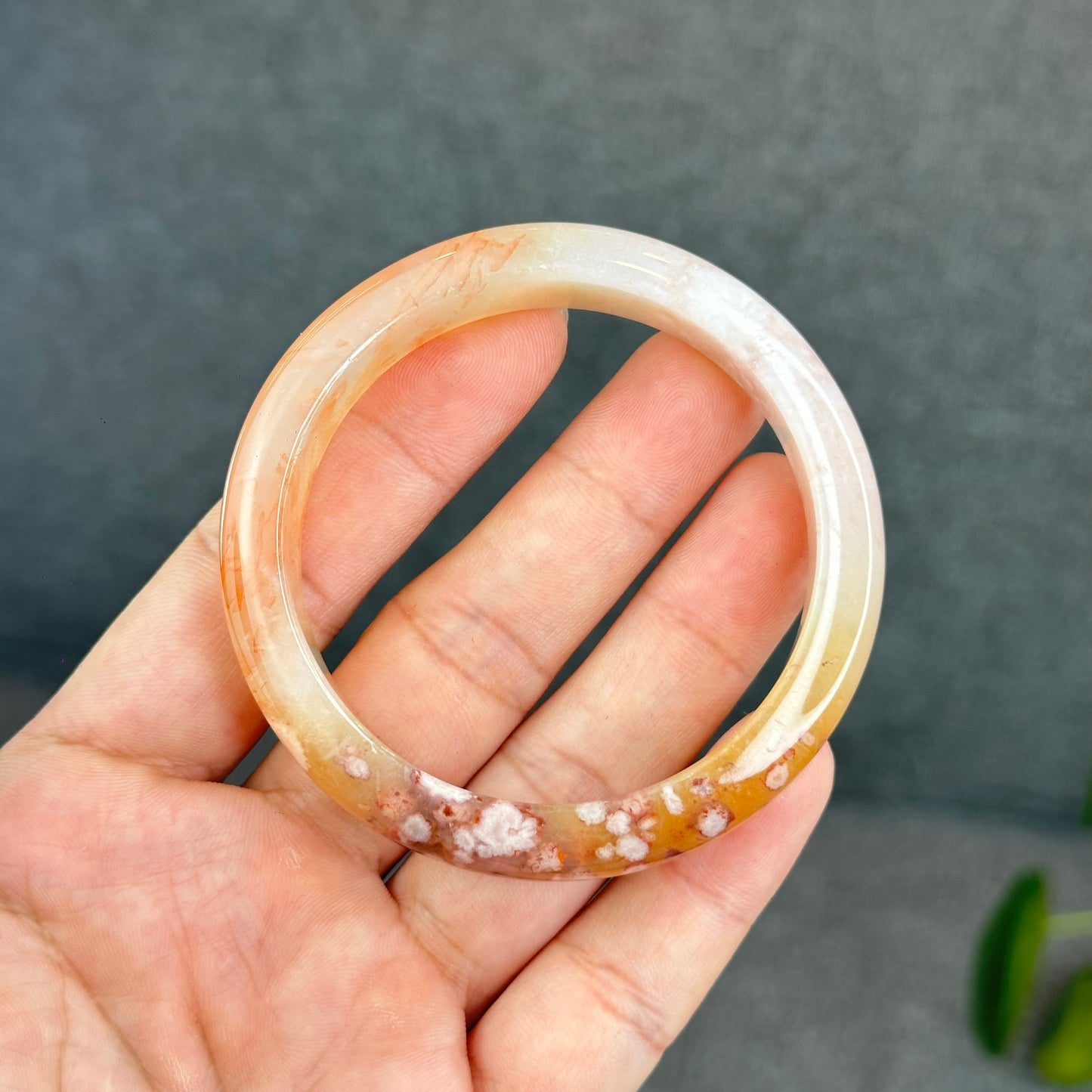 Natural Translucent Floral Agate Bangle Leaf Style Size 55 mm
