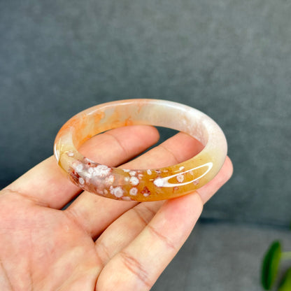 Natural Translucent Floral Agate Bangle Leaf Style Size 55 mm