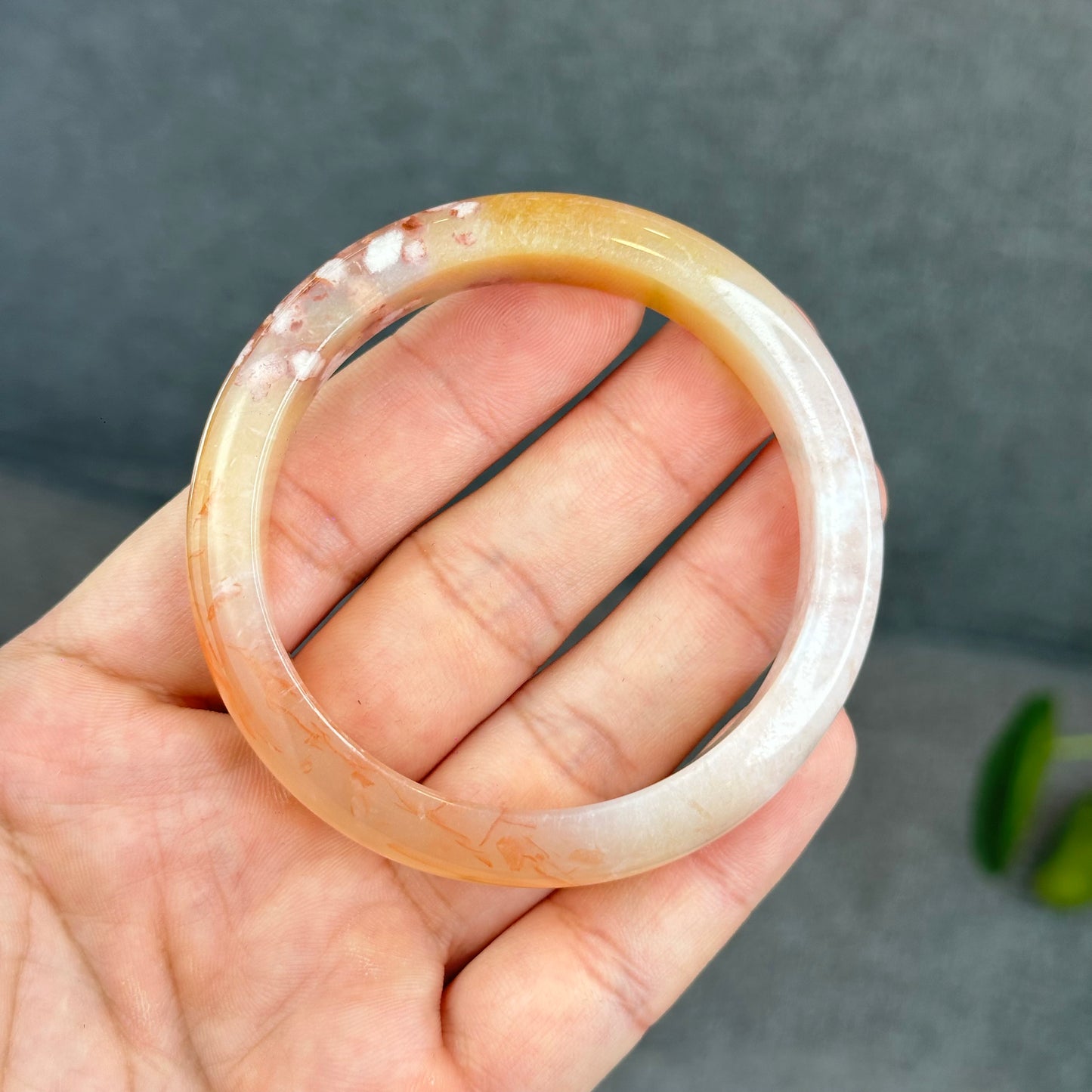 Natural Translucent Floral Agate Bangle Leaf Style Size 55 mm