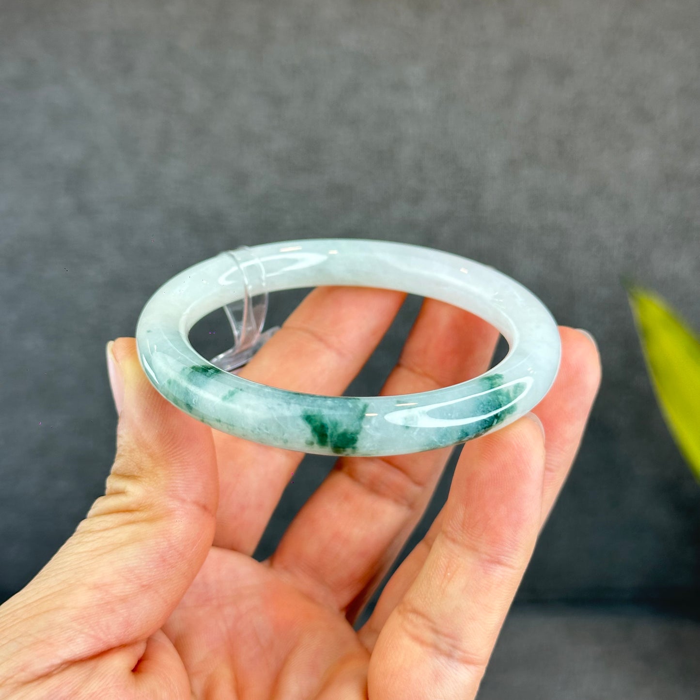 Natural Floating Floral Moss Green Semi Translucent Jadeite Jade VIP Bangle Chopstick Style Size 54 mm