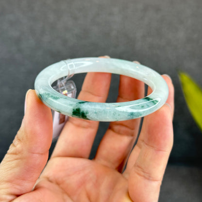 Natural Floating Floral Moss Green Semi Translucent Jadeite Jade VIP Bangle Chopstick Style Size 54 mm
