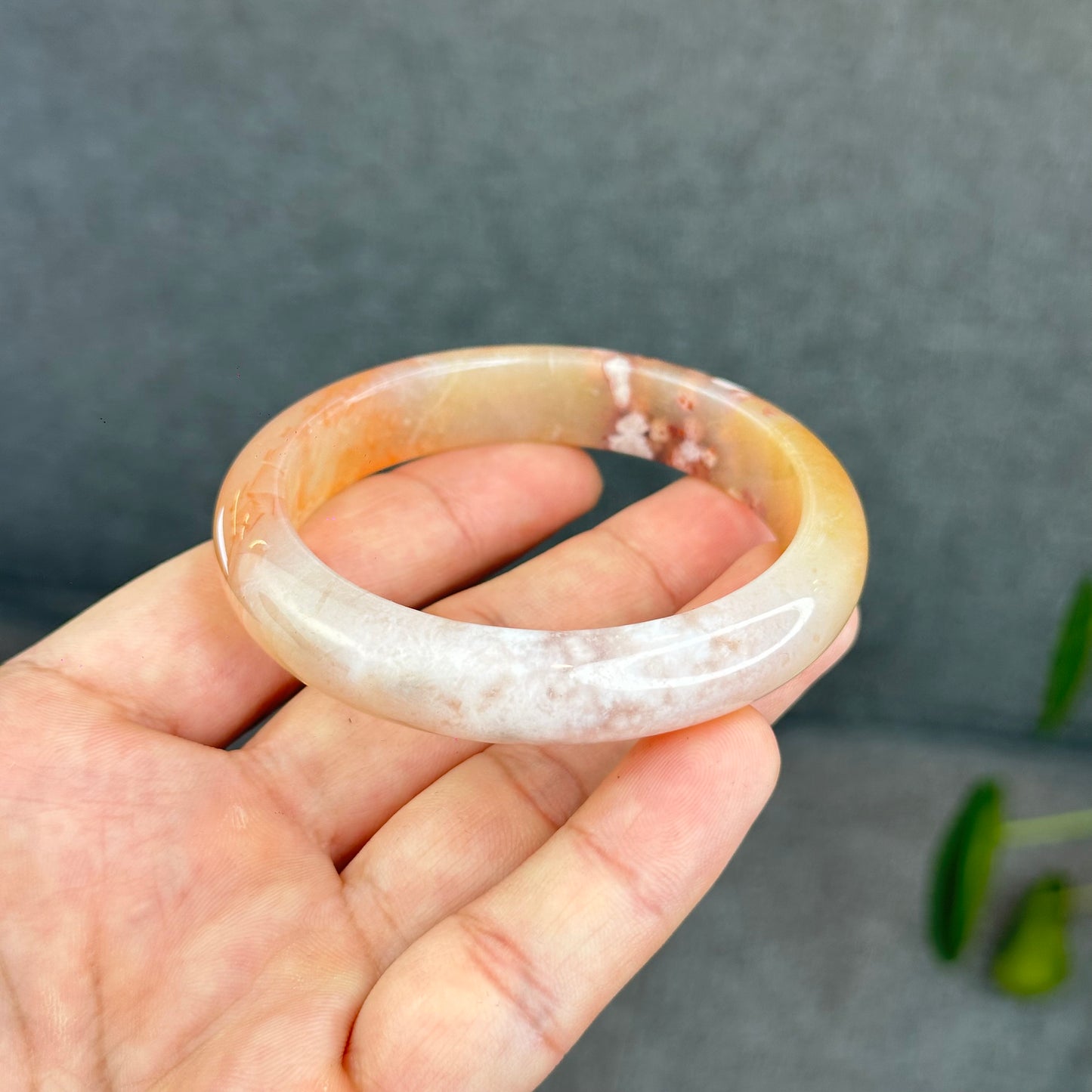 Natural Translucent Floral Agate Bangle Leaf Style Size 55 mm