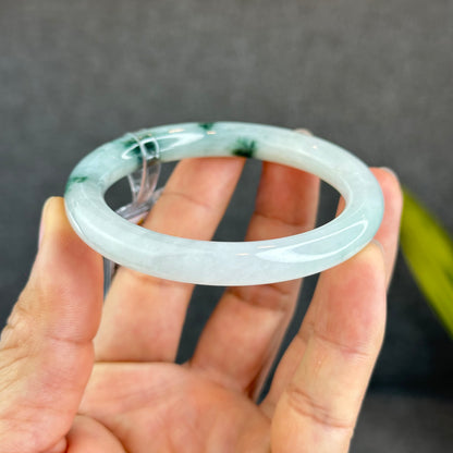 Natural Floating Floral Moss Green Semi Translucent Jadeite Jade VIP Bangle Chopstick Style Size 54 mm