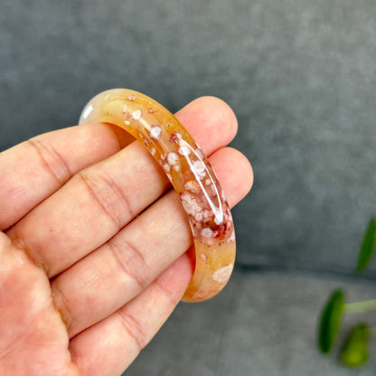 Natural Translucent Floral Agate Bangle Leaf Style Size 55 mm