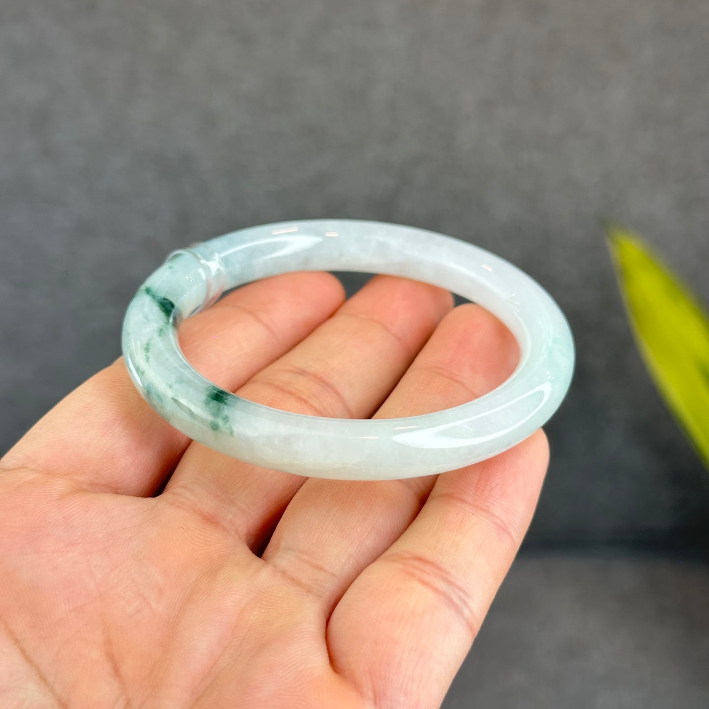 Natural Floating Floral Moss Green Semi Translucent Jadeite Jade VIP Bangle Chopstick Style Size 54 mm