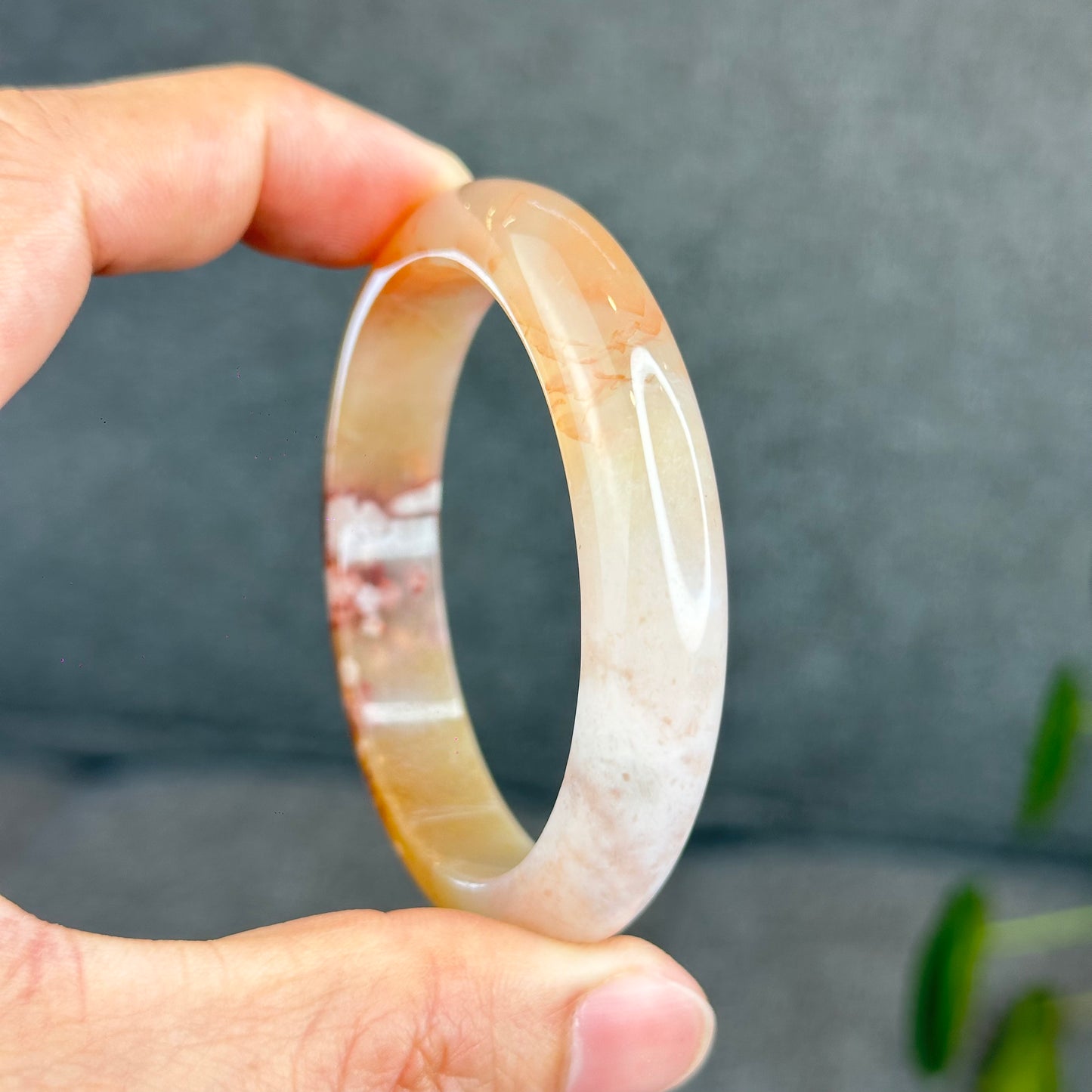 Natural Translucent Floral Agate Bangle Leaf Style Size 55 mm