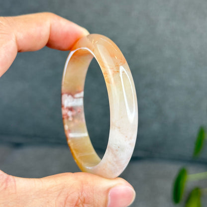 Natural Translucent Floral Agate Bangle Leaf Style Size 55 mm