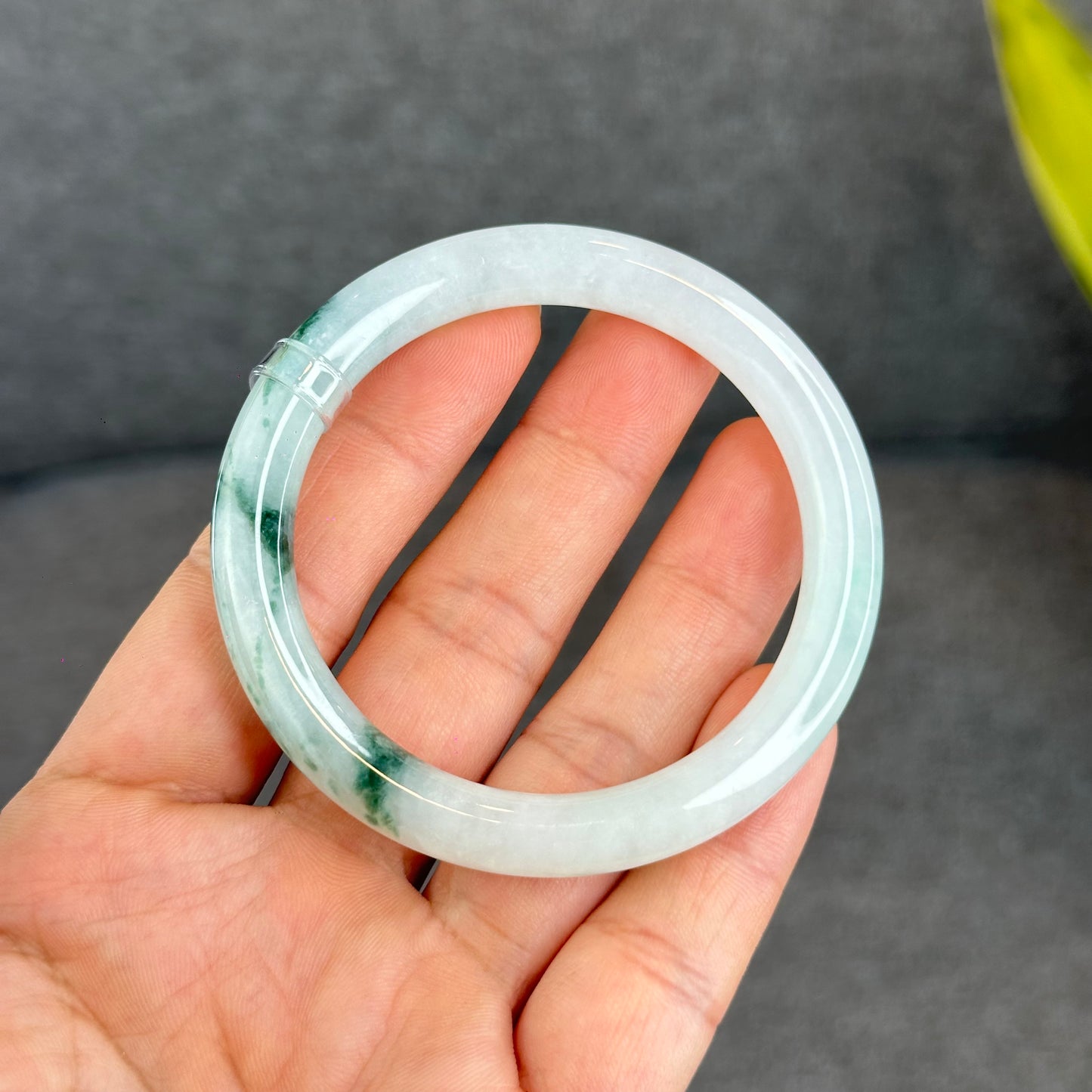 Natural Floating Floral Moss Green Semi Translucent Jadeite Jade VIP Bangle Chopstick Style Size 54 mm