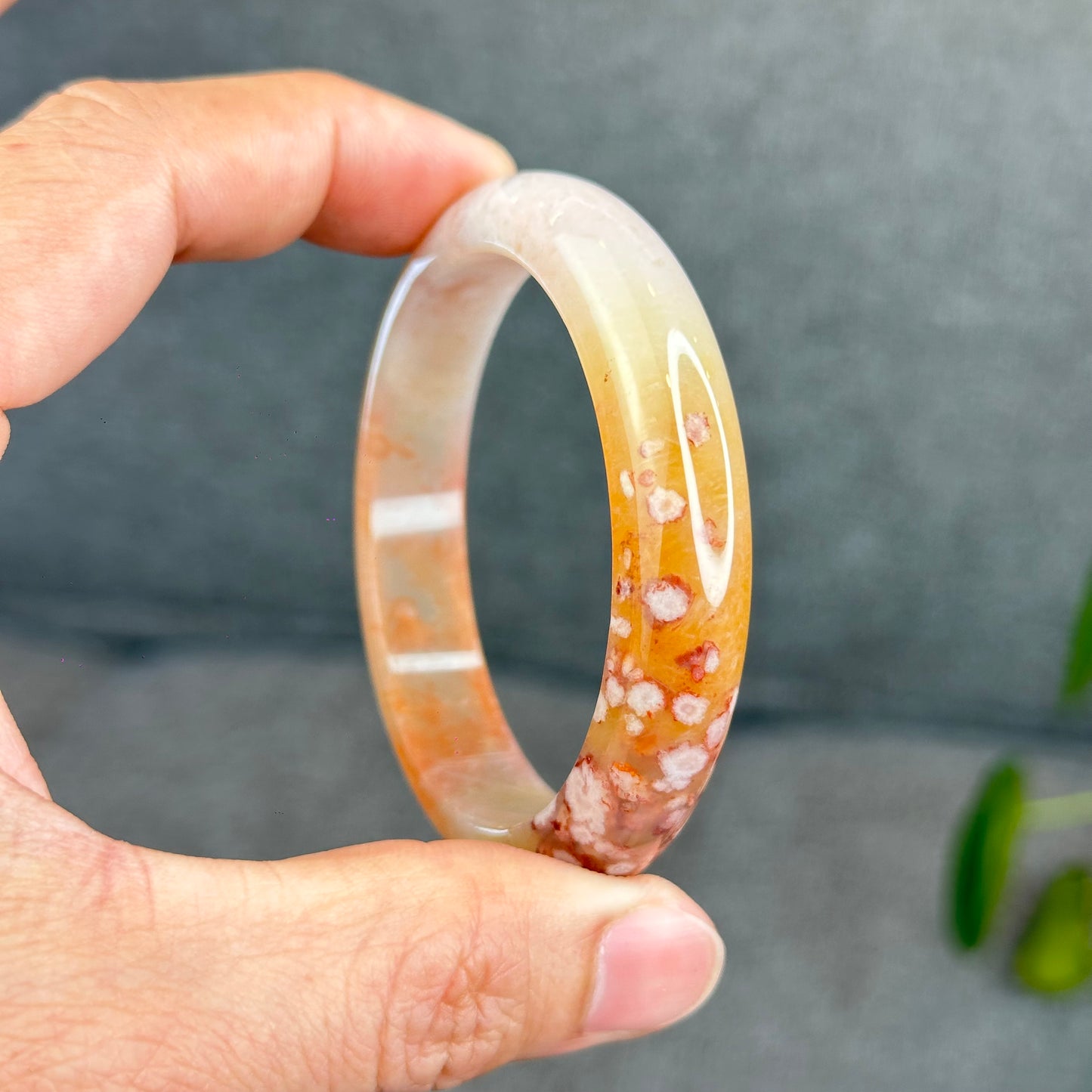 Natural Translucent Floral Agate Bangle Leaf Style Size 55 mm