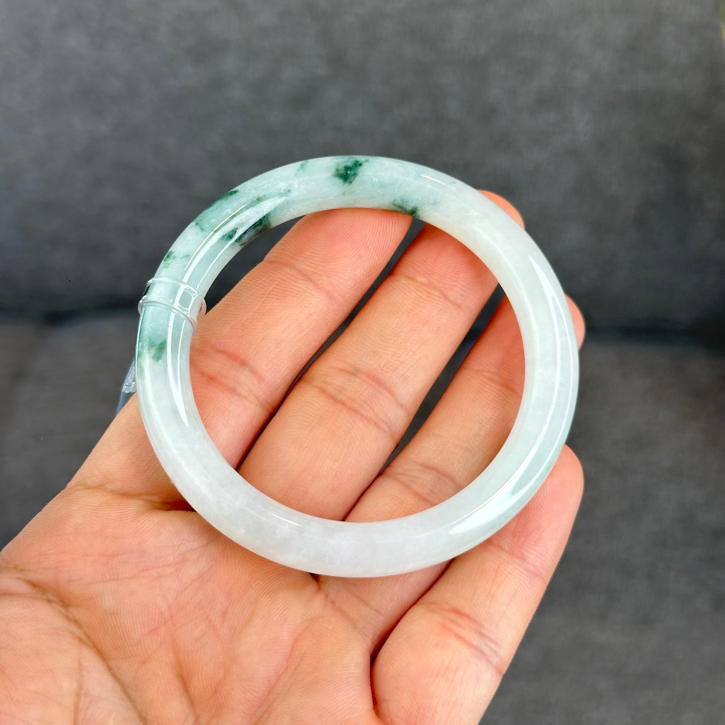 Natural Floating Floral Moss Green Semi Translucent Jadeite Jade VIP Bangle Chopstick Style Size 54 mm