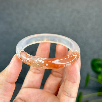 Natural Translucent Floral Agate Bangle Leaf Style Size 56 mm
