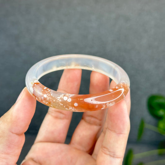 Natural Translucent Floral Agate Bangle Leaf Style Size 56 mm