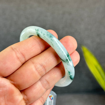Natural Floating Floral Moss Green Semi Translucent Jadeite Jade VIP Bangle Chopstick Style Size 54 mm