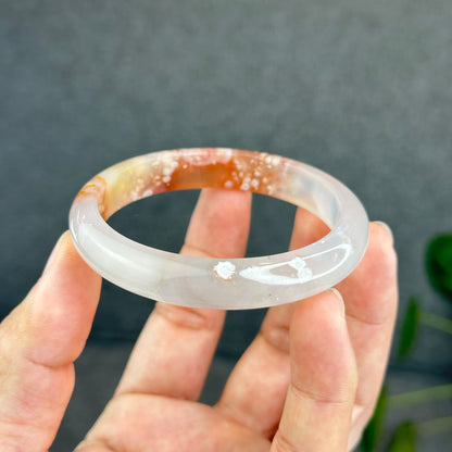 Natural Translucent Floral Agate Bangle Leaf Style Size 56 mm
