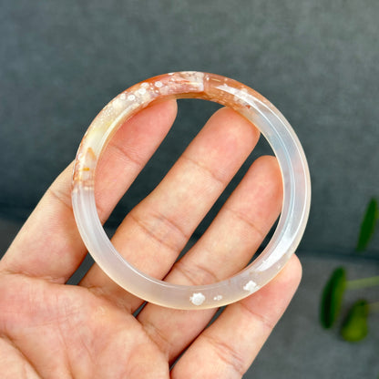 Natural Translucent Floral Agate Bangle Leaf Style Size 56 mm
