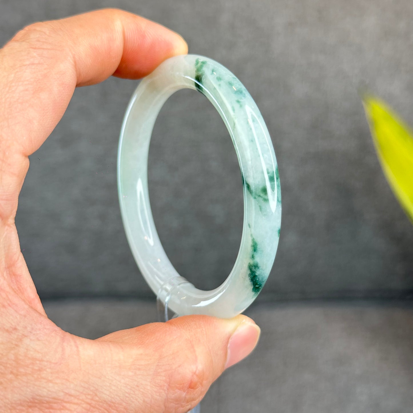 Natural Floating Floral Moss Green Semi Translucent Jadeite Jade VIP Bangle Chopstick Style Size 54 mm