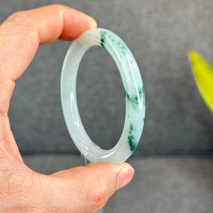 Natural Floating Floral Moss Green Semi Translucent Jadeite Jade VIP Bangle Chopstick Style Size 54 mm