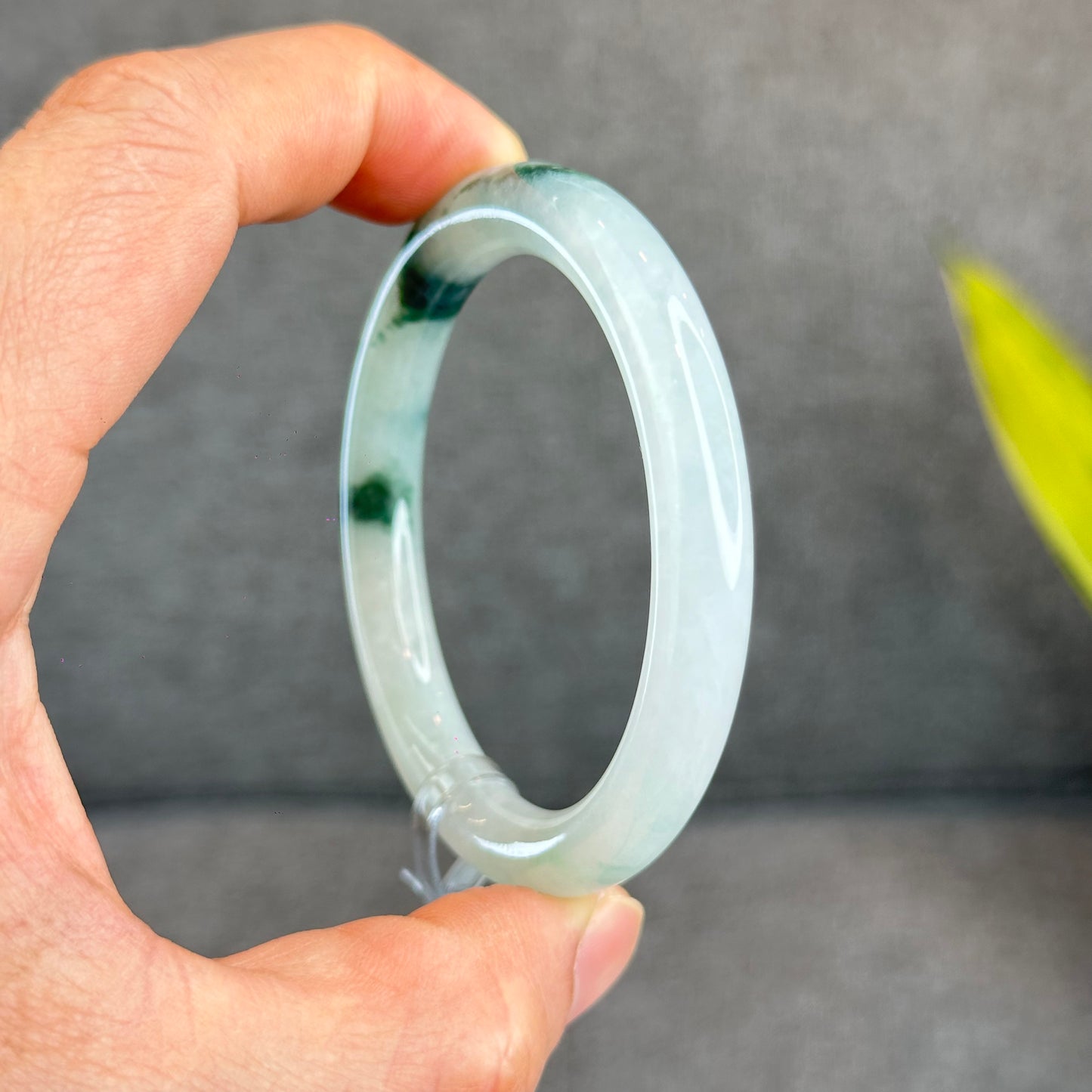 Natural Floating Floral Moss Green Semi Translucent Jadeite Jade VIP Bangle Chopstick Style Size 54 mm
