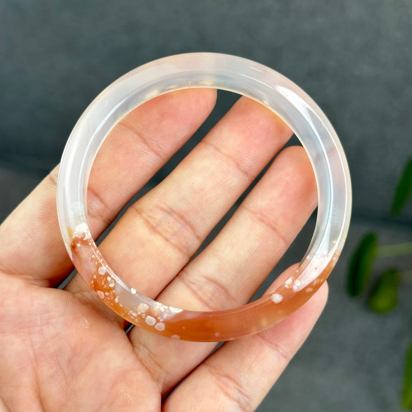 Natural Translucent Floral Agate Bangle Leaf Style Size 56 mm