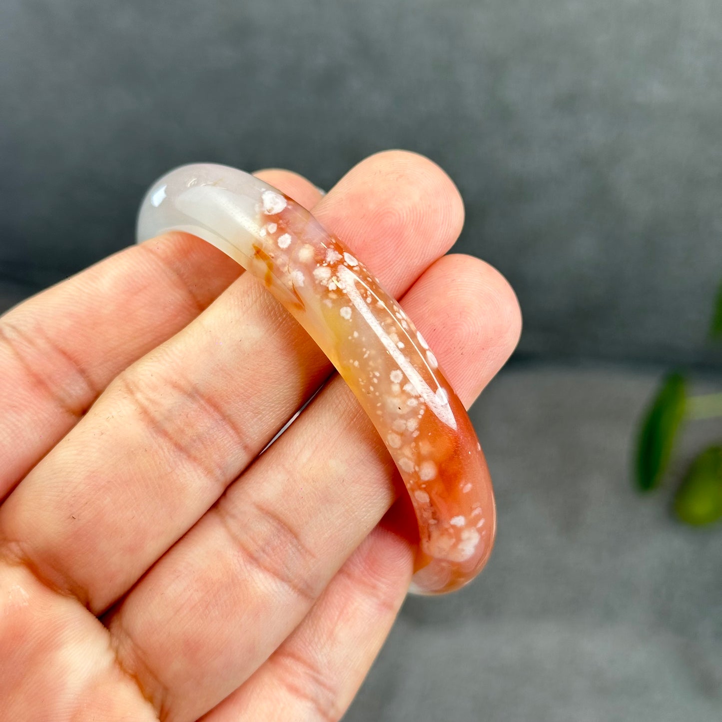 Natural Translucent Floral Agate Bangle Leaf Style Size 56 mm