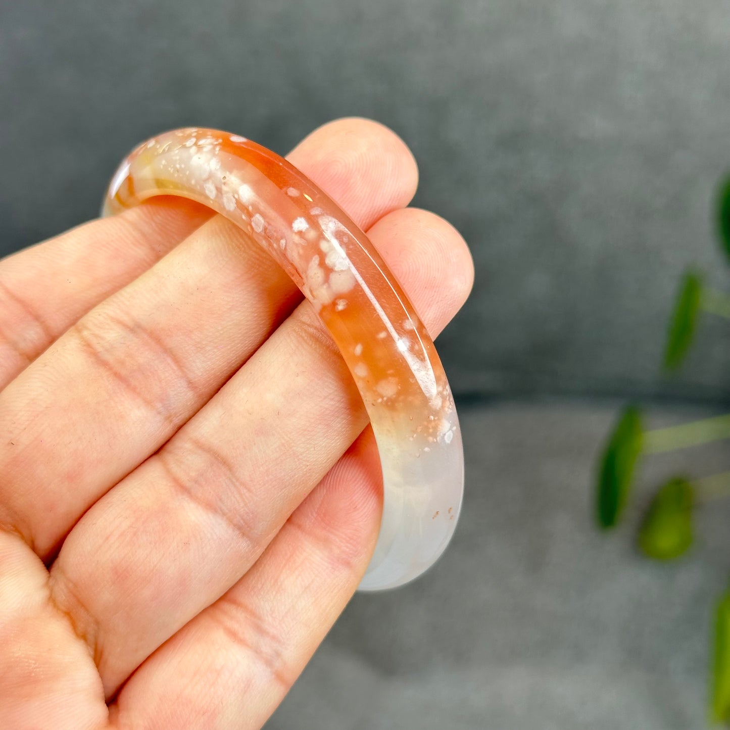 Natural Translucent Floral Agate Bangle Leaf Style Size 56 mm