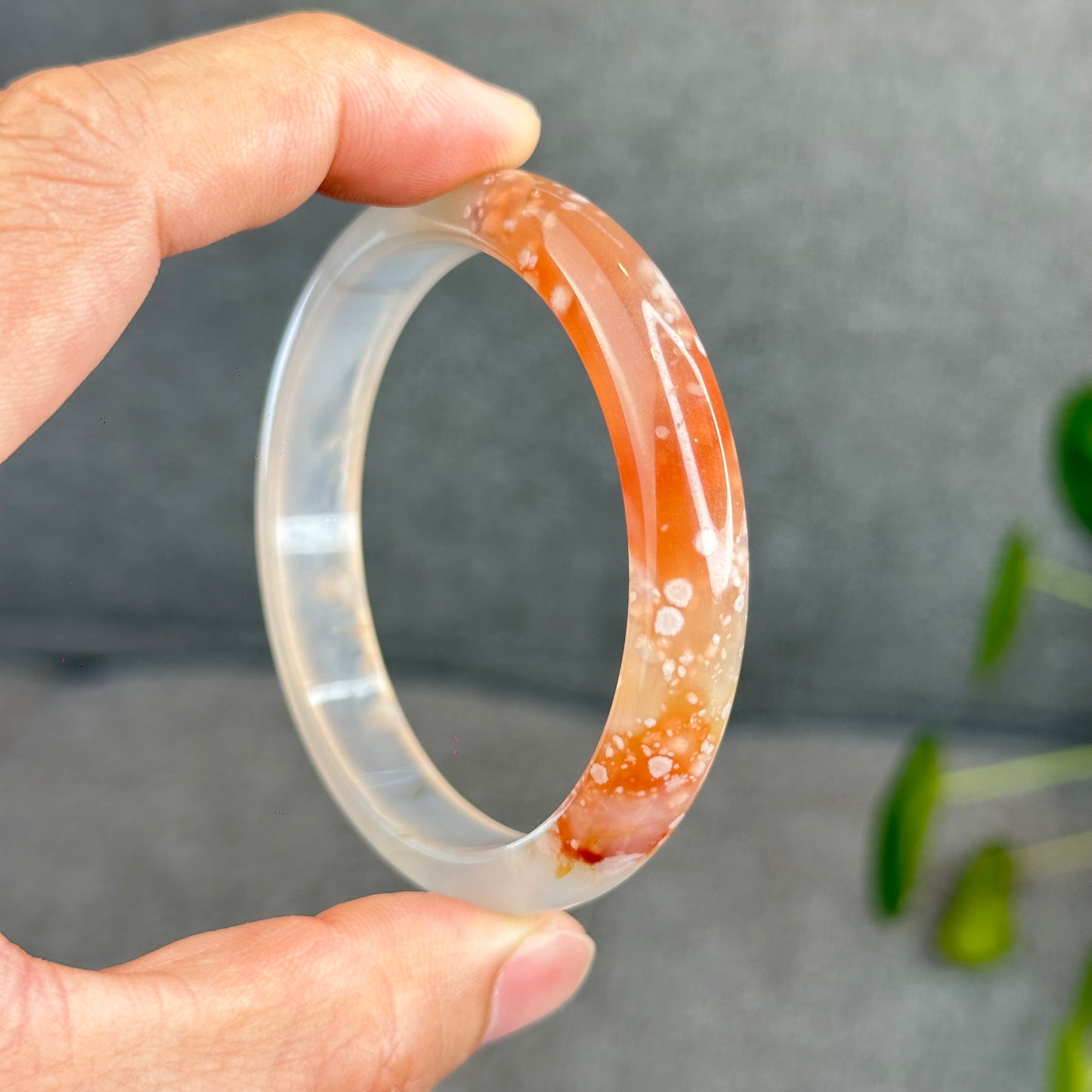 Natural Translucent Floral Agate Bangle Leaf Style Size 56 mm