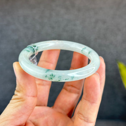 Natural Floating Floral Moss Green Semi Translucent Jadeite Jade VIP Bangle Chopstick Style Size 53 mm
