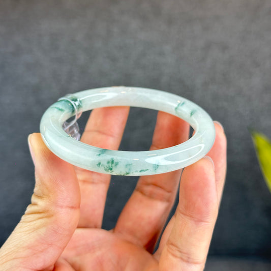 Natural Floating Floral Moss Green Semi Translucent Jadeite Jade VIP Bangle Chopstick Style Size 53 mm