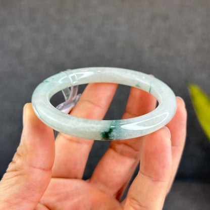 Natural Floating Floral Moss Green Semi Translucent Jadeite Jade VIP Bangle Chopstick Style Size 53 mm