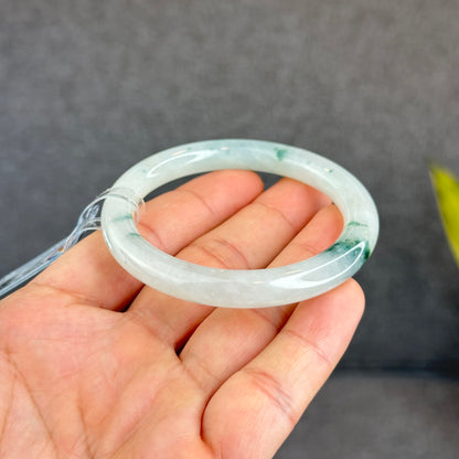 Natural Floating Floral Moss Green Semi Translucent Jadeite Jade VIP Bangle Chopstick Style Size 53 mm